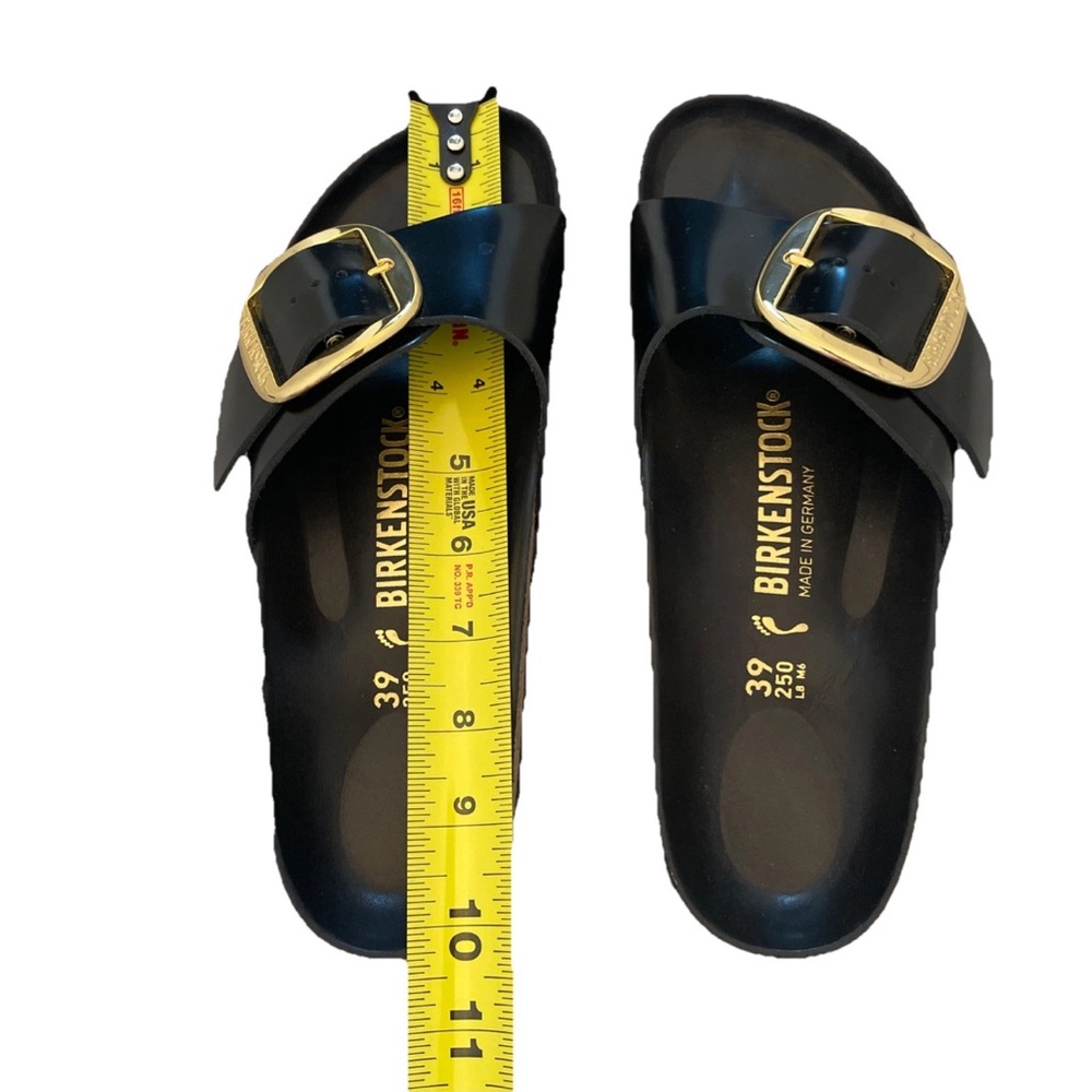 Birkenstock Madrid High Shine Big Buckle Black Slide Sandal Gold Size 39/US 8 - Picture 10 of 12